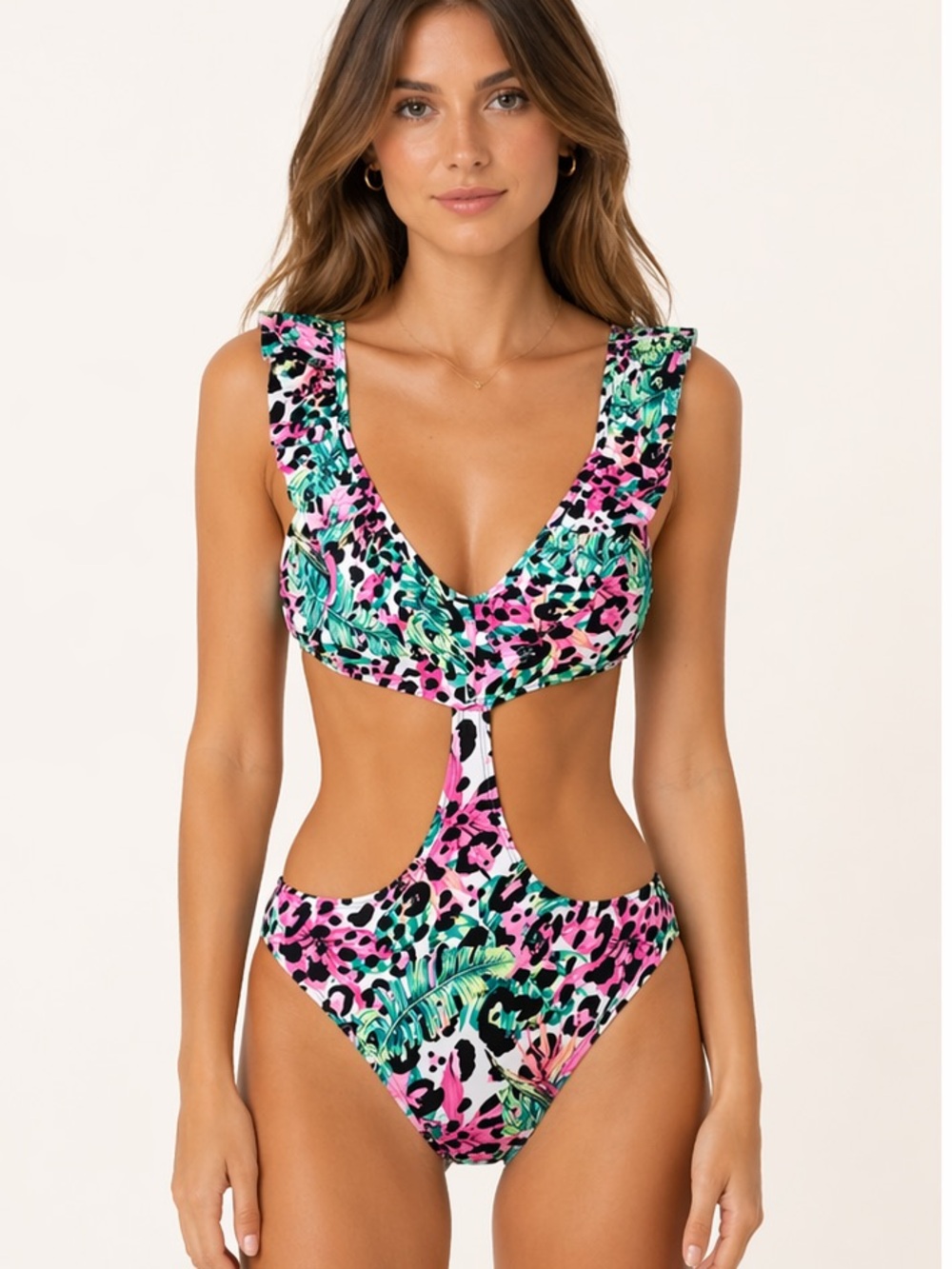 LALA Women’s Tropical and Animal Print One-Piece Swimsuit With Cut-Outs & Ruffle